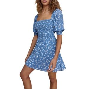 Reformation Elle Smocked Blue Mini Dress w/ White Floral Print